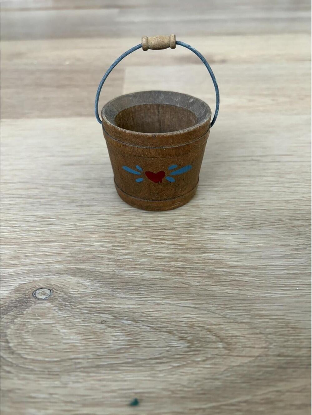 Miniature Hand Painted 2" Wooden Bucket with Wire Bails and Wooden Handles